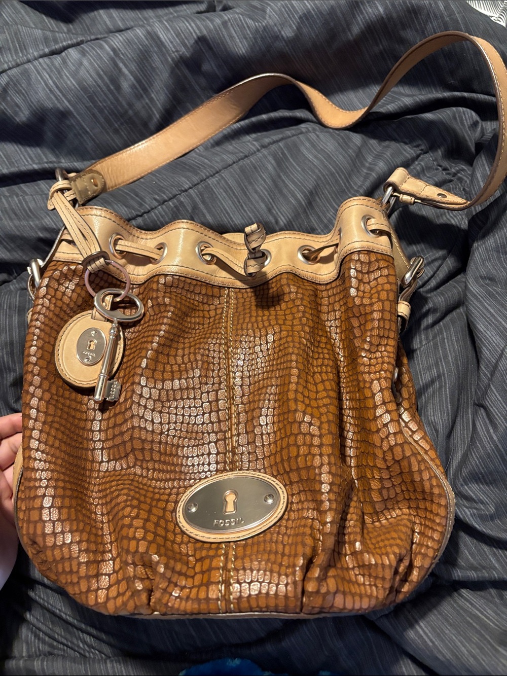 Fossil Cognac Croc-Embossed Drawstring Shoulder Bag